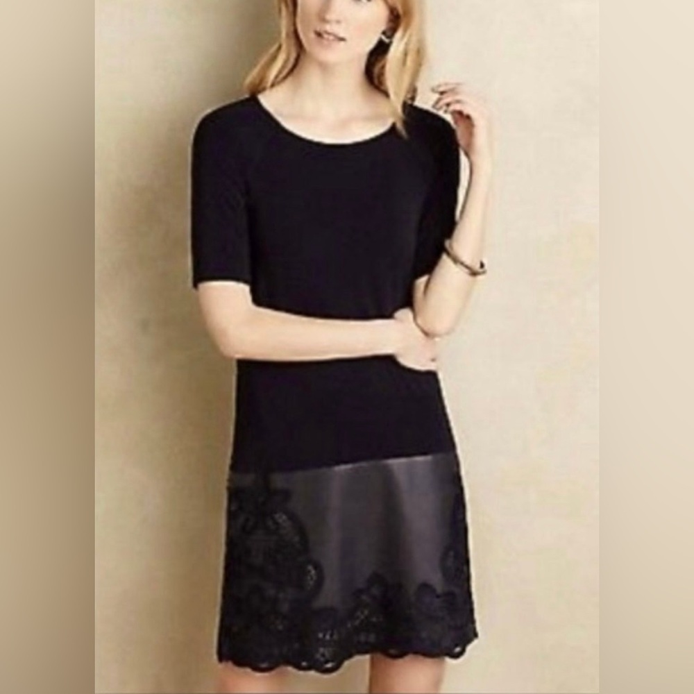 Anthropologie black dress with leather lace illusion skirt